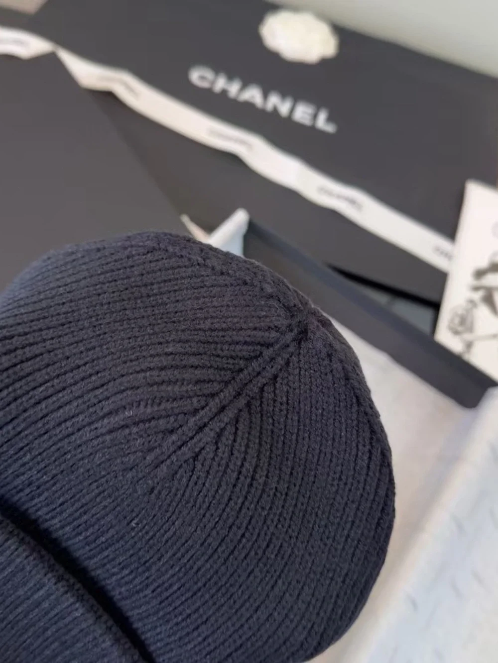 CHANEL Black Ribbed Kids Knit Beanie with Crystal Heart